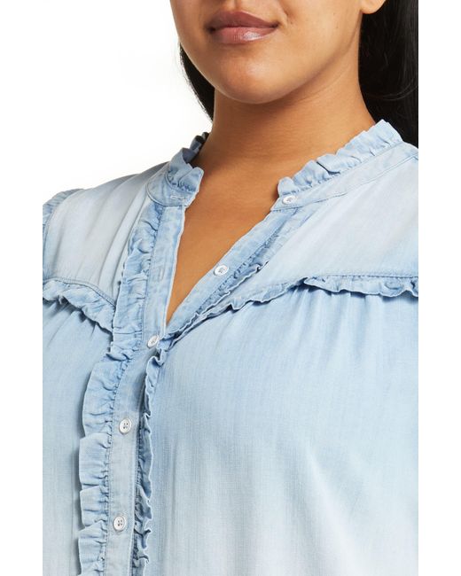 Wit & Wisdom Blue Ruffle Trim Chambray Button-up Top