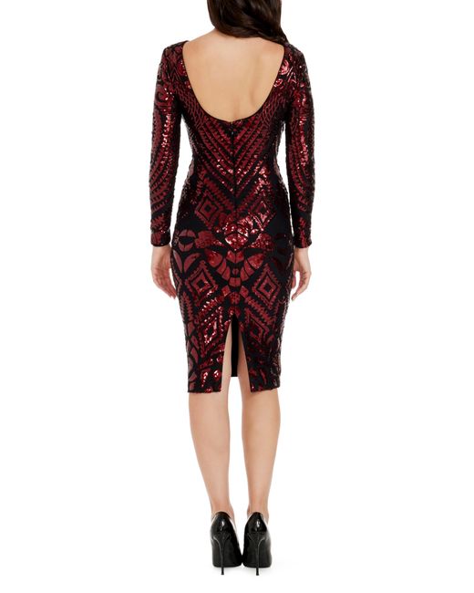 Dress the Population Red Emery Sequin Long Sleeve Cocktail Dress