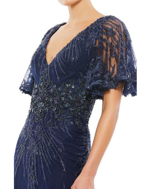 Mac Duggal Blue Vintage Flutter Sleeve Evening Gown