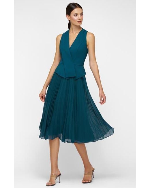 Kay Unger Blue Orella Pleated Mixed Media Cocktail Dress