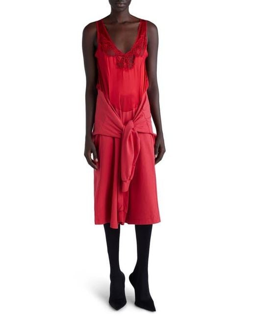 Balenciaga Red Hybrid Mixed Media Tie Waist Silk & Cotton Dress