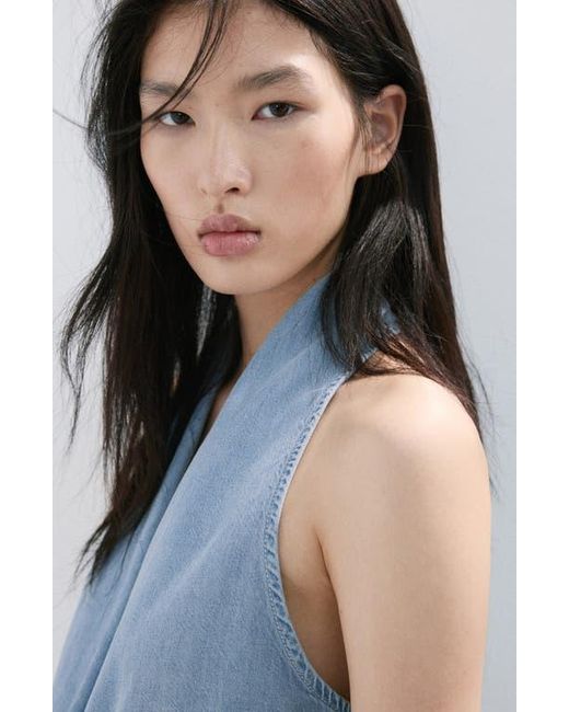 Mango Blue Drape Plunge Neck Top