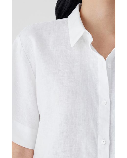 Eileen Fisher White Classic Short Sleeve Organic Linen Button-up Shirt