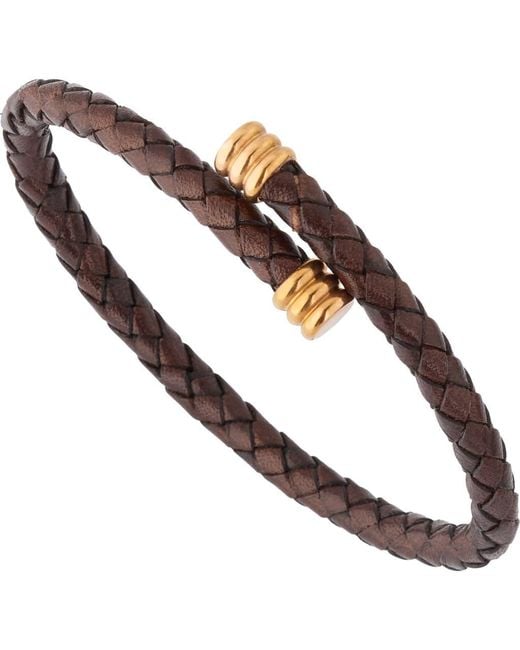 Link Up Brown Flexible Braided Leather Bracelet With Stainless Steel End Caps for men