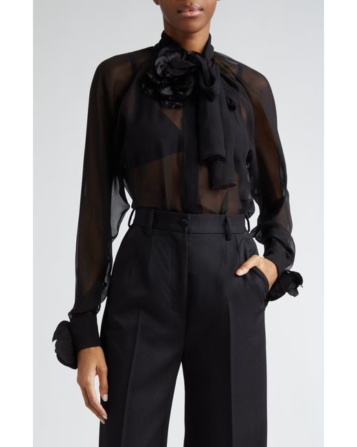 Dolce & Gabbana Black Floral Appliqué Tie Neck Sheer Silk Shirt
