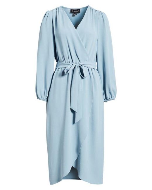 Connected Apparel Women's Blue Long Sleeve Faux Wrap Midi Dress