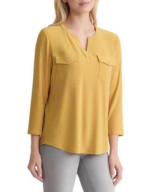 Jones New York Yellow Patch Pocket Crepe Popover Top
