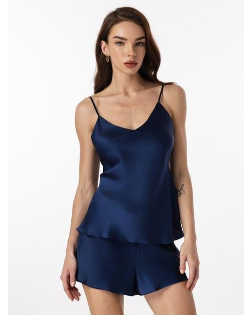 Siksilk Blue Silk Spaghetti Strap Camisole Pajama Set