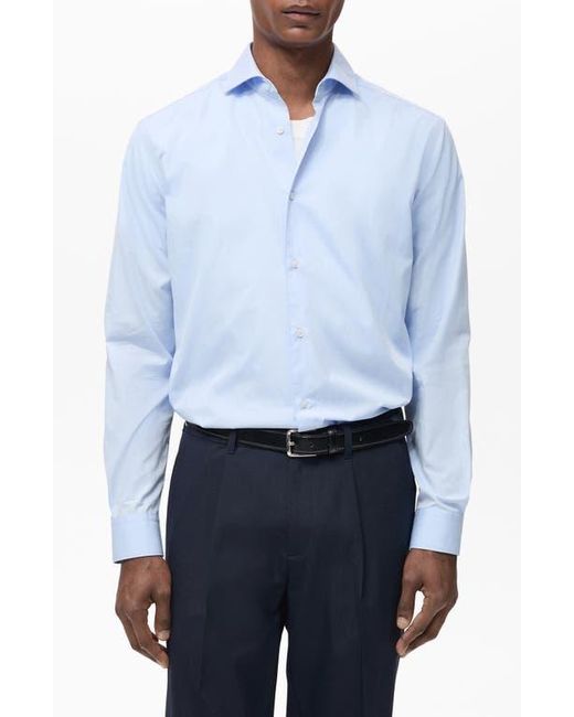 Mango Blue Regular Fit Solid Cotton Button-Up Shirt for men