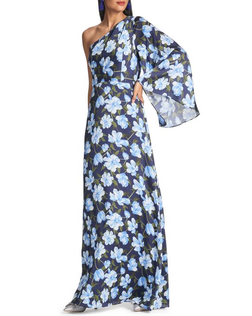 Sachin & Babi Blue Keely Floral One-shoulder Long Sleeve Gown