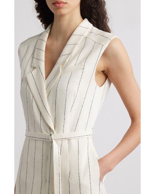 Boss White Drupe Pinstripe Linen Blend Dress