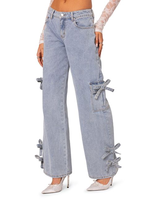 Edikted Blue Bows 4 Days Low Rise Wide Leg Cargo Jeans