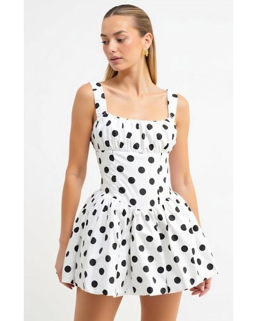 Modenaire White Polka Dot Gathered Bust Flared Corset Bodice Mini Dress