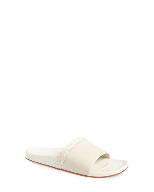 Olukai White Pākea Leather Slide Sandal