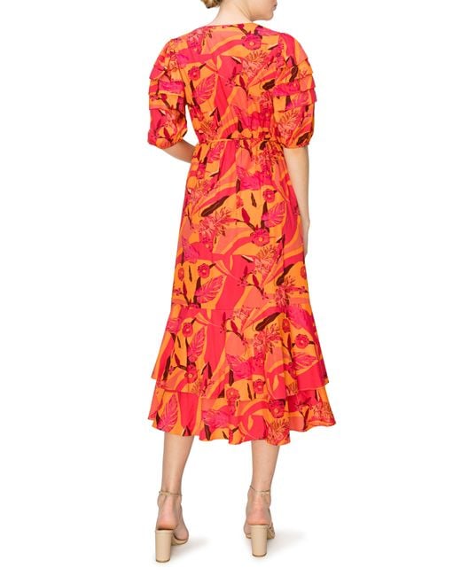 MELLODAY Red Poplin Floral Midi Wrap Dress