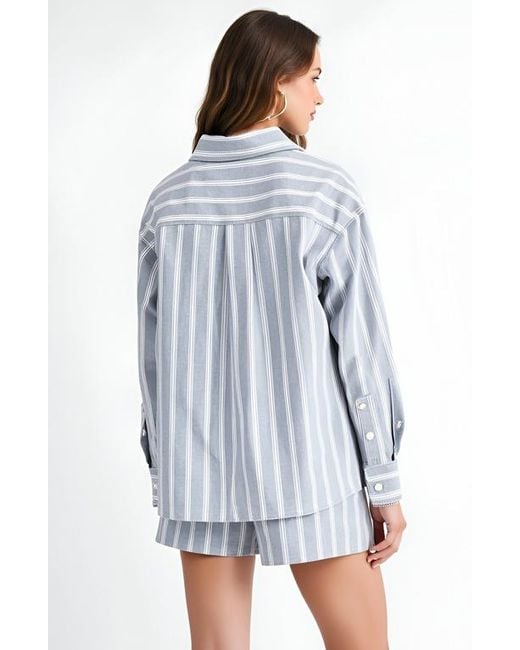 Modenaire Blue Striped Button-Up Shirt And High-Waist Shorts Set With Relaxed Fit