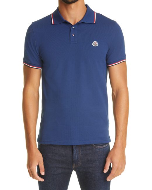 Moncler Logo Patch Tipped Cotton Piqué Polo in Blue for Men | Lyst