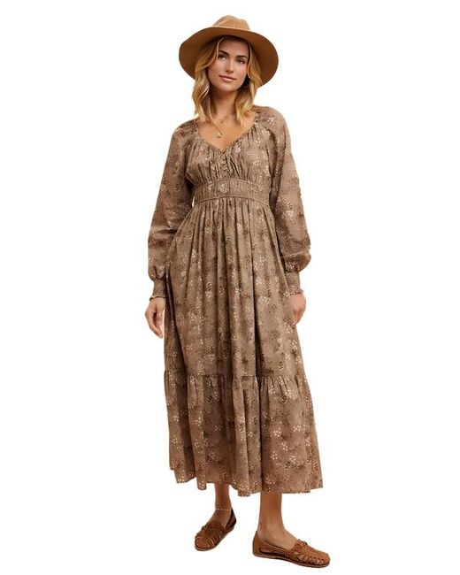 Knit & Lounge Women's Brown Long Sleeve Floral Print Ruffle Tiered Midi  Dress With Empire Waist