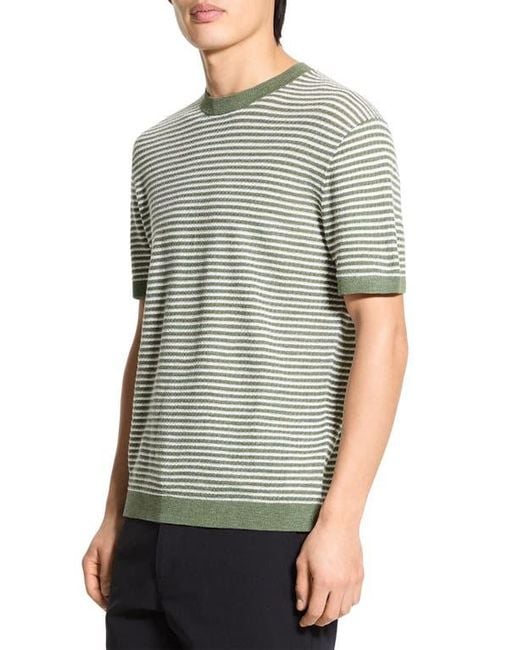 Theory Green Stripe Short Sleeve Linen & Cotton Blend Crewneck Sweater for men