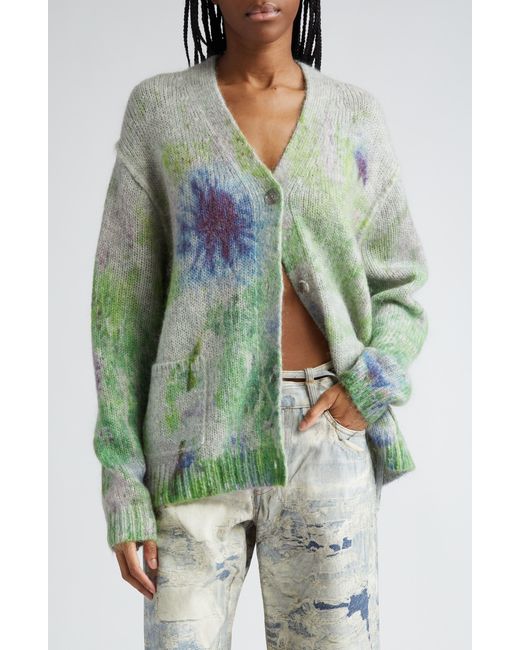 Acne Green Kudmille Animation Print Wool & Mohair Blend V-neck Cardigan