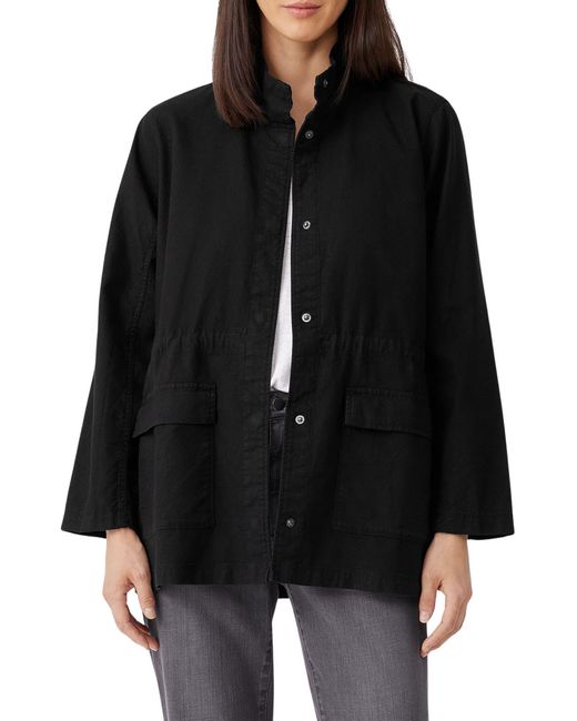 Eileen Fisher Black Stand Collar Organic Cotton Blend Jacket