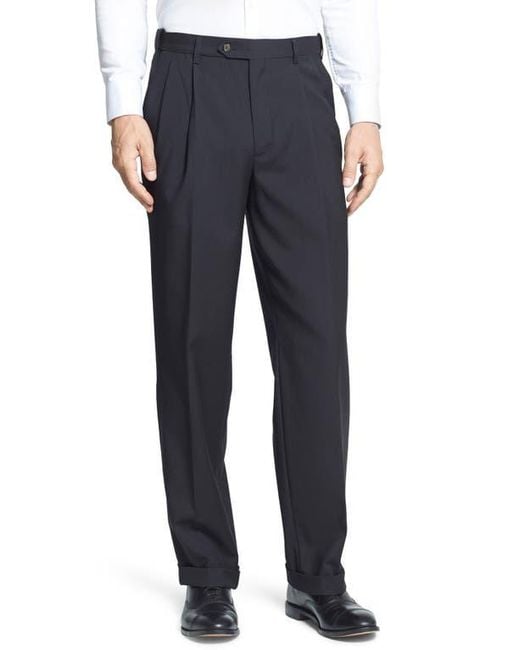 Berle Blue Self Sizer Waist Plain Weave Pleated Washable Trousers for men