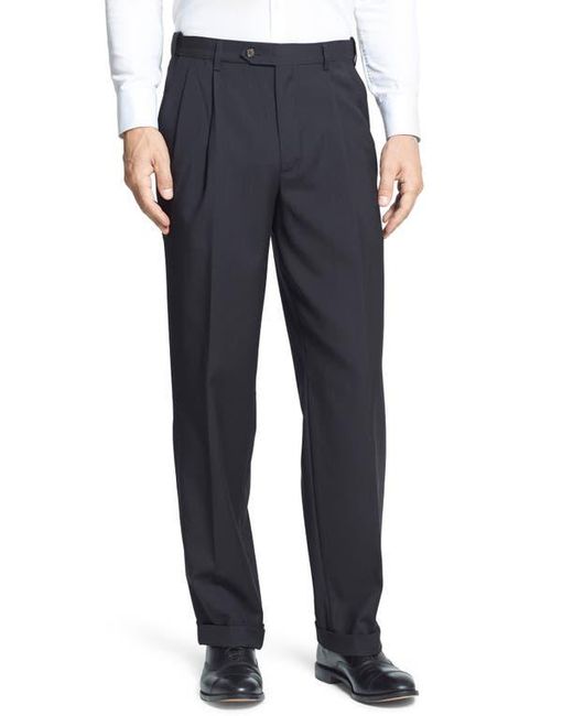 Berle Blue Self Sizer Waist Plain Weave Pleated Washable Trousers for men
