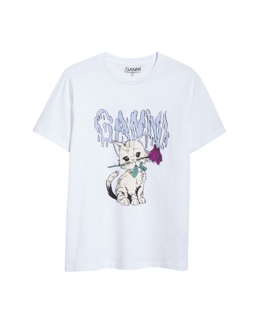 Ganni White Rose Cat Logo Organic Cotton Graphic T-shirt