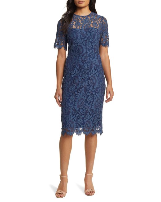 Eliza J Blue Embroidered Lace Overlay Cocktail Dress