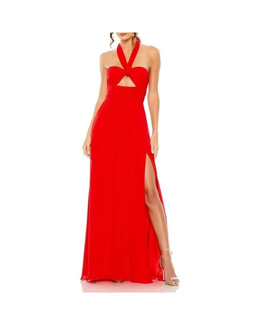 Mac Duggal Red Ruched Halter Strap Keyhole Chiffon Gown