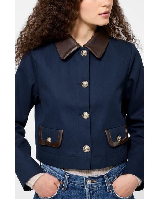 French Connection Blue Denim Jacket With Faux Leather Trim