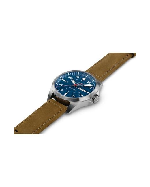 Hamilton Blue Khaki Aviation Pilot Automatic Leather Strap Watch, 42Mm for men
