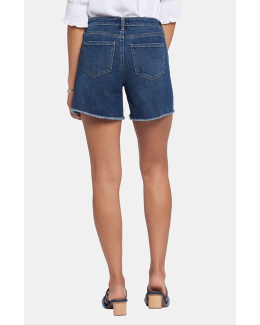NYDJ Blue Frayed High Waist Mid Length A-line Denim Shorts