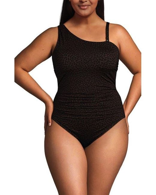Lands' End Black Chlorine Resistant Shirred One Shoulder One Piece Swimsuit Removable Adjustable Strap