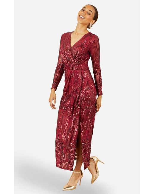 Yumi' Red Sequin Midi Long Sleeve Wrap Dress