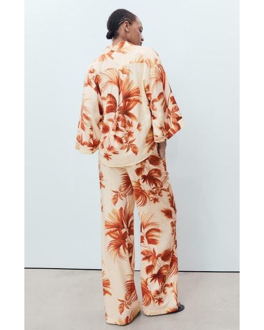 Mango Orange Flowy Palm Print Straight Leg Pants