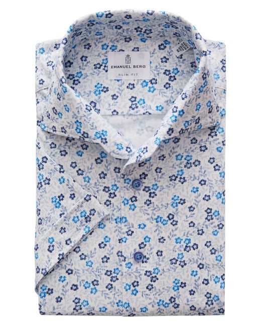 Emanuel Berg Blue Floral Short Sleeve Knit Button-up Shirt for men
