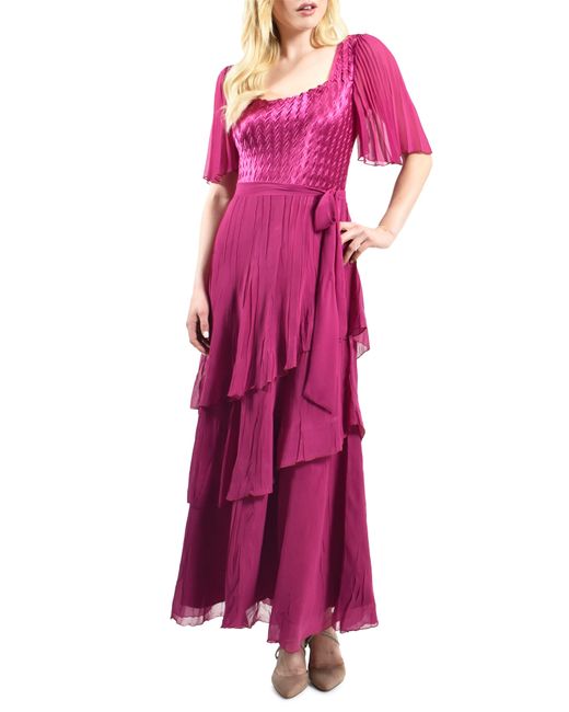 Komarov Pink Flutter Sleeve Tiered Chiffon Maxi Dress