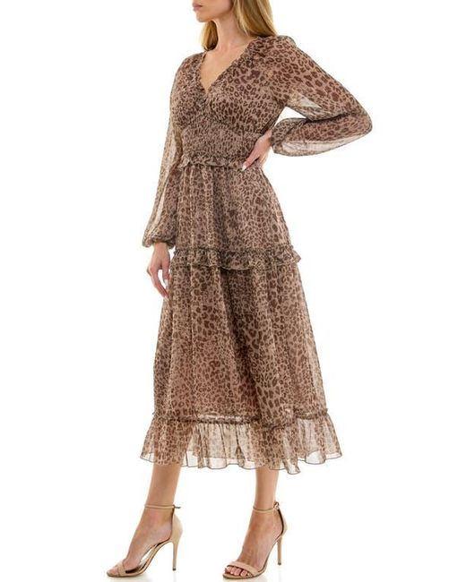 Socialite Long Sleeve Ruffle Chiffon Midi Dress in Brown | Lyst