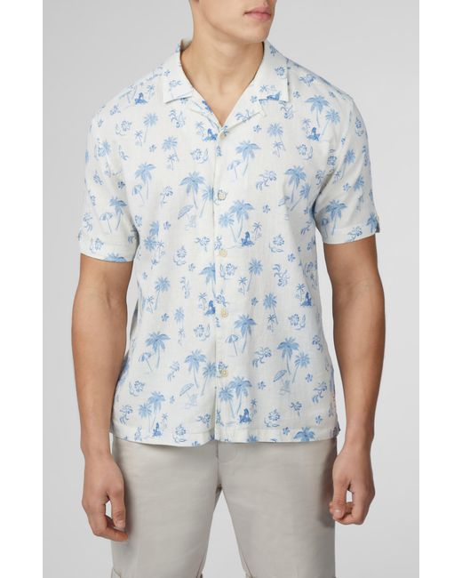 Ben Sherman Blue Resort Tropical Print Linen & Cotton Camp Shirt for men