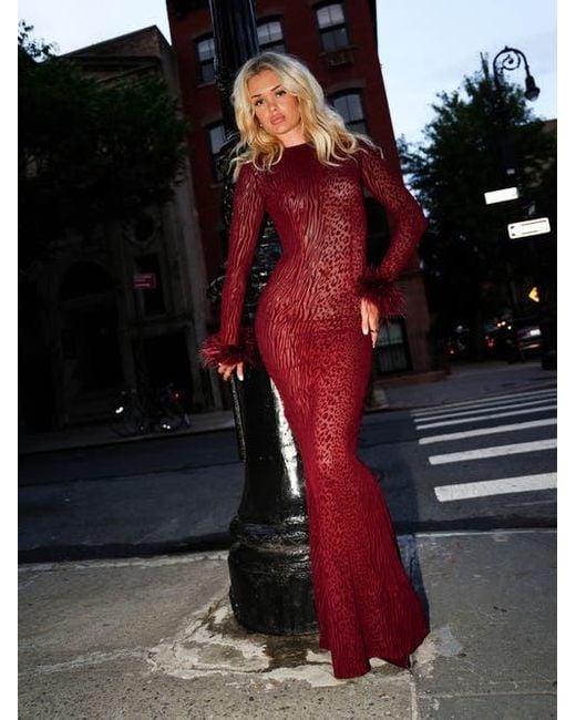 Miss Circle Red Patricia Leopard Burnout Velvet Mesh Backless Maxi Dress
