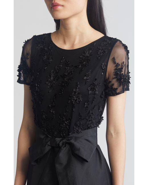 Pisarro Nights Black 3d Floral Bodice Beaded Gown