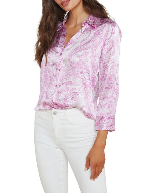 L'Agence Purple Dani Paisley Print Silk Button-up Shirt