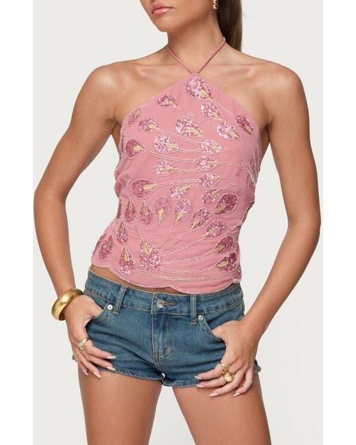 Edikted Purple Beaded Sequin Open Back Halter Top