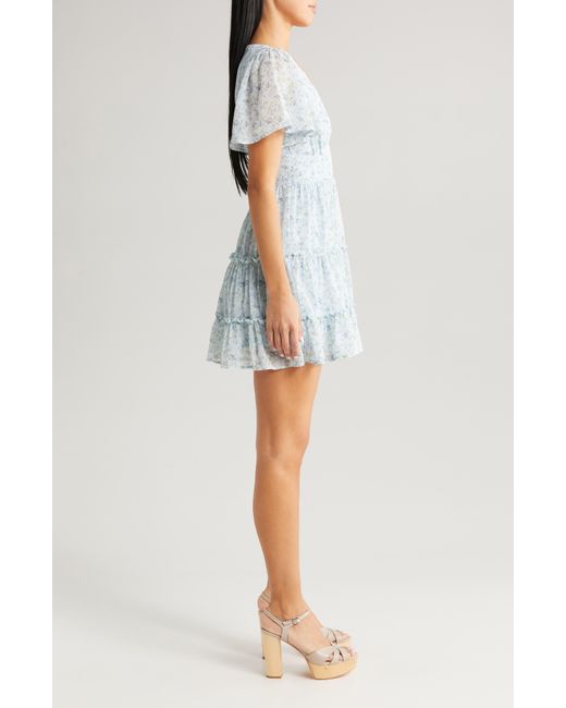 All In Favor Blue Floral Print Tiered Minidress In At Nordstrom, Size Medium