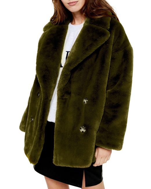 TOPSHOP Green Faux Fur Double Breasted Coat