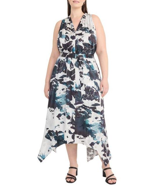 Maggy London Blue Abstract Print Handkerchief Hem Midi Dress