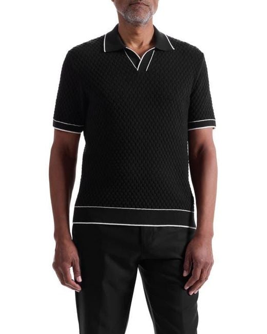 Bugatchi Black Johnny Collar Basket Stitch Cotton Blend Polo Sweater for men