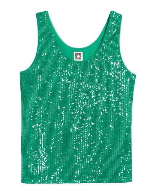 Anne Klein Green Sequin Double Scoop Neck Mesh Tank