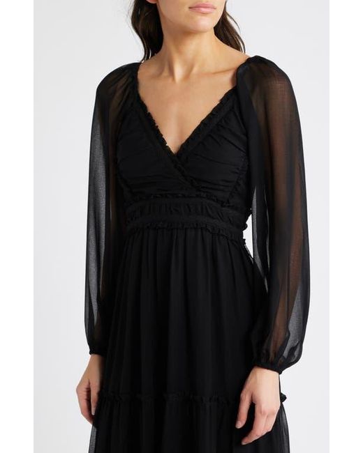 Bebe Black Lace-Up Back Long Sleeve Chiffon Midi Dress